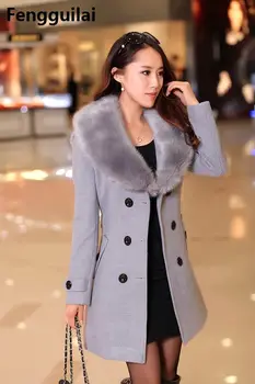 Plus Lieluma Ziemas Kažokādas Apkakle Vilnas Žaketes Kabatā Bodycon korejiešu Stilā Modes Dāmas Elegants Mētelis 5xl