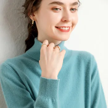 Plānas augstu uzrullētu apkakli Kašmira Džemperis rudens 2020. gadam Worsted kašmira džemperis ar garām piedurknēm