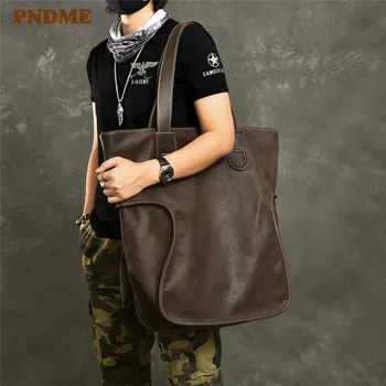 PNDME liela jauda, vintage īstas ādas vīriešu tote soma, ikdienas vienkārši pātagot lielgabarīta iepirkšanās pleca soma luksusa somas