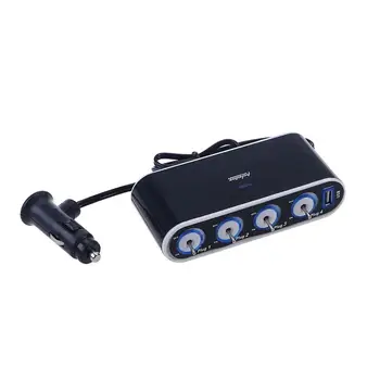 Portatīvo 4-Way DC Automašīnas piepīpētāja Ligzdas Sadalītājs Lādētāja Adapteri 12v-24v Adapteris Ar USB Portu /LED Gaismas Kontroli (Melna)