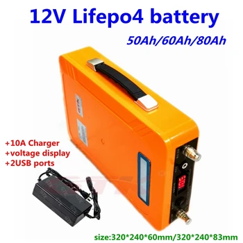 Portatīvo lifepo4 12V 50Ah 60Ah 80Ah litija akumulators 12V ar BMS kempings kemperu RV saules uzglabāšana+10.A Lādētāju