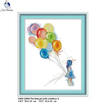 Prieks, svētdiena mazā meitene ar balonu 2 Ieskaitīts DIY Puses Cross Stitch 11CT 14CT DMC Iespiesti Audums Izšūšanas Komplekti