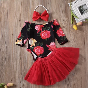 Pudcoco 0-24M 3 Gab Toddler Bērniem, Baby Girl Apģērbu Komplekts Jauki Kokvilnas Topi Drukāt Ziedu Romper Jumpsuit +Mežģīņu Svārki Apģērbu Komplekts