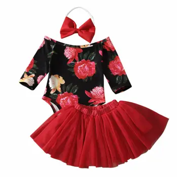 Pudcoco 0-24M 3 Gab Toddler Bērniem, Baby Girl Apģērbu Komplekts Jauki Kokvilnas Topi Drukāt Ziedu Romper Jumpsuit +Mežģīņu Svārki Apģērbu Komplekts