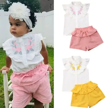 Pudcoco Bērniem, Baby Meiteņu Drēbes bez Piedurknēm Krekls bez Piedurknēm Topi +Rozā/ Dzeltenas Bikses 2gab Komplekti Bērnu Vasaras Gadījuma Tērpiem, 3-7T