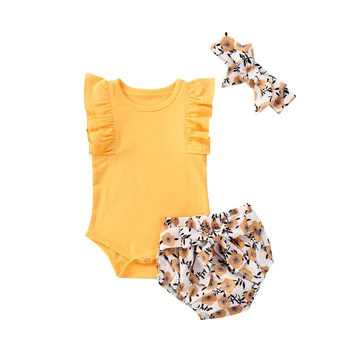 Pudcoco Jaundzimušais Meitene Apģērbs Vasaras tīrtoņa Krāsu Sleevelee Savirmot Topi Ziedu Drukāt Šorti Galvu 3Pcs Tērpiem Kokvilnas Komplekts