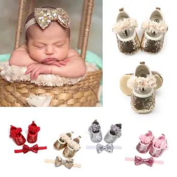 Pudcoco Ātra Piegāde Infant Baby Girl Princese Kurpes Sequin Mežģīnes Puse Kāzu Dzīvoklis Kurpes+Galvas Kopa