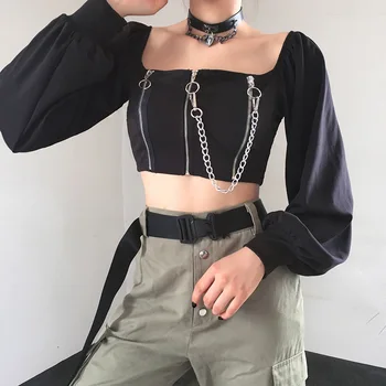 Punk Modes Sieviešu T-Krekls Harajuku Gothic Ķēdes Rāvējslēdzēju, Garām Piedurknēm Kultūraugu Top Tees Gadījuma Streetwear Grunge Šiks T Krekls Femme