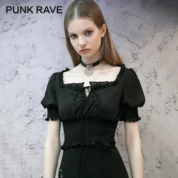 PUNK RAVE Meitene ir Ciets Laukumā Apkakles Ruched Aprīkots Crop Topi Gothic Ikdienas Sieviešu Sexy Black Īss Krekls