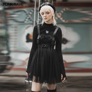PUNK RAVE Sieviešu Punk Melna X-style Modes Plastmasas Sprādzi Vairākas Jostas Cilpas Nelielu V veida Kakla Kleita Visas spēles Gothic Saģērbt