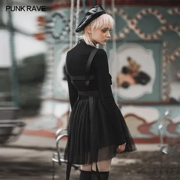 PUNK RAVE Sieviešu Punk Melna X-style Modes Plastmasas Sprādzi Vairākas Jostas Cilpas Nelielu V veida Kakla Kleita Visas spēles Gothic Saģērbt