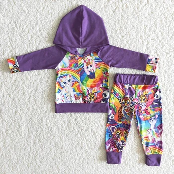 Pusaudži Purple Top Spēles Bikses 2Pieces Uzstādīt Zēns Meitenes pelēkā vārna Apģērbs Ar Dzīvnieku Modeļiem, Gudrs Toddler Izšūšanas Apģērbu Uzvalks