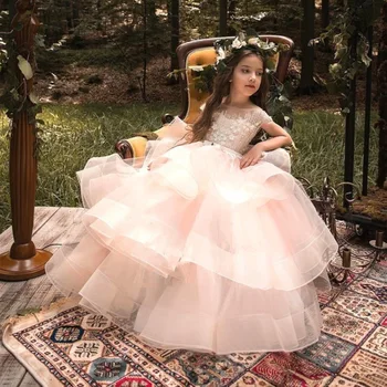 Puķu Meiteņu Kleitu Šūt Pērlītes Aplikācijas Mežģīnes Izvietots Sniegumu Dzimšanas diena Līgavas Kostīms Puse Princese Bērniem Kleitas vestido