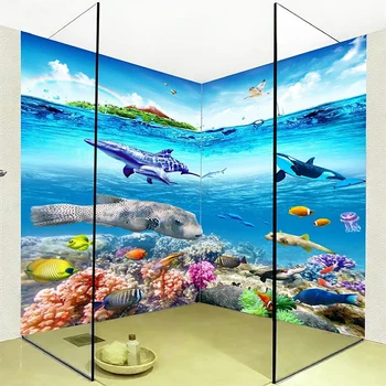 PVC Pašlīmējošas Ūdensizturīgs Vannas istabas Sienas Tapetes ar 3D Zemūdens Pasaules Jūras Dzīvi Freskas Papel De Parede 3D Sienas Uzlīmes
