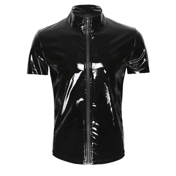 PVC āda Spīdīga Metāla Krekli Vīriešu Modes Pusei Klubu Apģērbs, Vīriešu melnu t-veida Saspringts Geju Seksīga Korsete Kompresijas T-krekls
