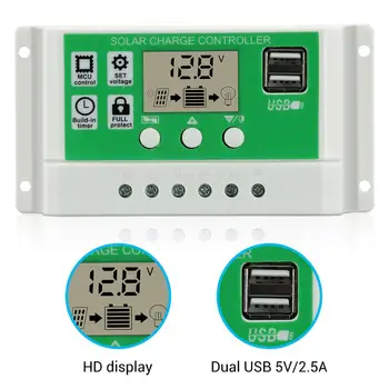 PWM Saules Uzlādes un Izlādes Kontrolieris 10.A 20A 30A 12V 24V Auto LCD Dual USB Litija Saules Kolektoru Regulators, Vairumtirdzniecība