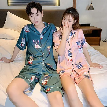 Pāriem, Vīriešiem, Sievietēm, kas Zīda Satīna Pidžamas Komplekts 2gab Krekls+Elsas Mājas Apģērbu Cienītāji Sleepwear Pijamas Sieviešu Pidžamas Uzvalks M L XL XXL 3XL