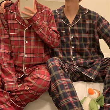 Pāris pleds kokvilnas pidžamas komplekts long piedurknēm, garās režģu sleepwear sieviešu kabatas mājās uzstādītu pakalpojumu vīriešu pidžamas naktsveļu L058