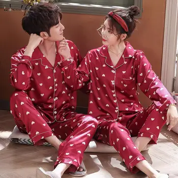 Pāris Sleepwear Sieviešu Zīda Satīna Pidžamas Komplekti Ar Garām Piedurknēm Pidžamas Sleepwear Naktsveļu Mīļākais Nakts Tērps Vīriešu Pidžamas Homewear