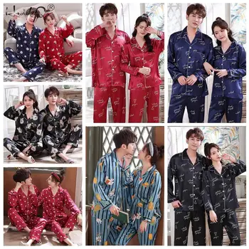 Pāris Sleepwear Sieviešu Zīda Satīna Pidžamas Komplekti Ar Garām Piedurknēm Pidžamas Sleepwear Naktsveļu Mīļākais Nakts Tērps Vīriešu Pidžamas Homewear