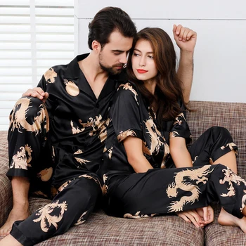 Pāris Zīda Satīna Pidžamas Pidžamas Komplekts ar garām Piedurknēm Sleepwear Pijama Pidžamu Uzvalks, Sievietēm Un cilvēkiem Gulēt 2PC Set Plus Lieluma Loungewear