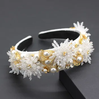 Pārspīlēti Personības Hairband Baroka luksusa modes temperaments white flower kristāla pērle metāla lapu ģeometriskā galvu 693