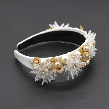 Pārspīlēti Personības Hairband Baroka luksusa modes temperaments white flower kristāla pērle metāla lapu ģeometriskā galvu 693