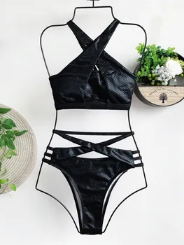 Pārsējs Bikini noteikts Augsts Viduklis Peldēt Tērpi, Sieviete Pavada Peldkostīmi 2020. Gada Vasarā Divas Gabals Peldēšanas Tērps Sievietes Čūskas Ādas Biquini