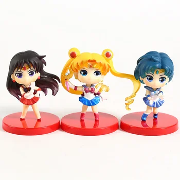 Q Posket Sailor Moon Tsukino Usagi Sailor Mars Mercury PVC Skaitļi Rotaļlietas 3pcs/komplekts