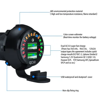 QC 3.0 Krāsu Ekrāns Ūdensizturīgs Universālo Motociklu, Automašīnu, Kravas automašīnu, Laivu Dual USB Lādētāja Ligzda Par Tālruni, Tabletes Kameras GPS DVR