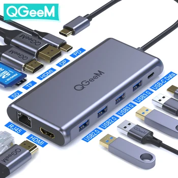 QGeeM USB C centrs Macbook Pro Triple Display Type C centrs, lai Dual 4K HDMI & DP Micro SD atmiņas Karšu Lasītāji RJ45 Aux PD USB Centrmezglam, kas ar Adapteri