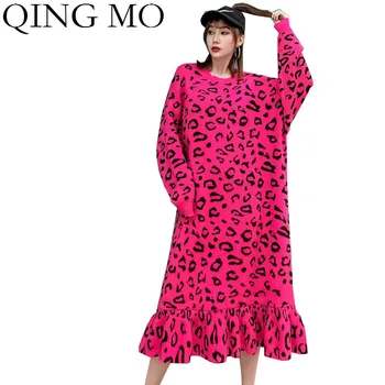 QING MO Pavasara Plus Lieluma Sievietēm leopard Print Kleita Ir 2021. Sieviešu Trikotāžas Taures Kleita Sieviešu Thincked Silts Džemperis Kleita ZQY4585