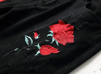 QUANBO Vīriešu Izšuvumi Rožu Problemātisko Džinsi Rudens Ziemas Modes Turiet Ripped Black Streetwear Vīriešu Džinsi Plus Izmēru 38 40