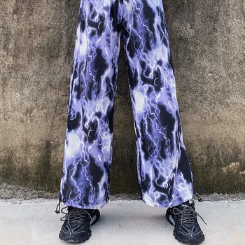 QWEEK Harajuku Violeta Plaša Kāju Bikses Sievietēm Y2K Estētisko Zibens Drukāt Augsta Vidukļa Biksēm Baggy Hip Hop Brīvs Bikses Sievietēm