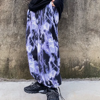 QWEEK Harajuku Violeta Plaša Kāju Bikses Sievietēm Y2K Estētisko Zibens Drukāt Augsta Vidukļa Biksēm Baggy Hip Hop Brīvs Bikses Sievietēm