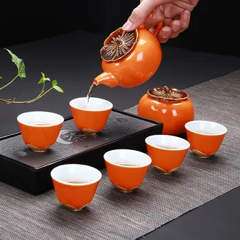 Radošā Hurmas Modelis Kung Fu Keramikas Tējas Komplekts Ietver 6 tases 1 tējas katlā,Sarkanā glazūra, Porcelāna Izsmalcinātu Tējas Tase drinkware