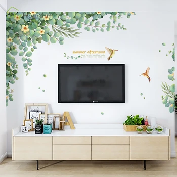 Radošā sienas uzlīmes, dzīvojamās istabas sienas dekors pašlīmējošās uzlīmes guļamistaba dekori svaigi zaļie augi telpu dekorēšana mājas dekoru
