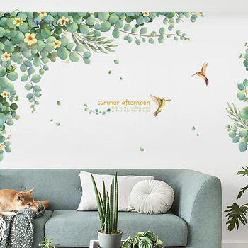 Radošā sienas uzlīmes, dzīvojamās istabas sienas dekors pašlīmējošās uzlīmes guļamistaba dekori svaigi zaļie augi telpu dekorēšana mājas dekoru