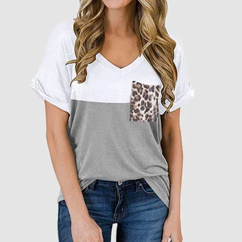 Raibs V veida Kakla T-krekls ar Īsām Piedurknēm Kabatas Topi, t-veida Krekli, Sieviešu Apģērbu 2021. Gada Vasaras T Krekls Gadījuma Zaudēt Top Dāma, Streetwear