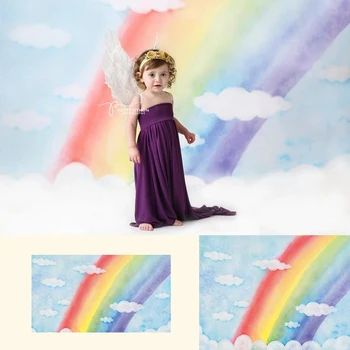 Rainbow-Jaundzimušo Bērnu Portrets Backdrops Zilās Debesis Baltajā Mākoņu Fona Meitenes Jubilejas Torte Sagraut Foto Studija Prop