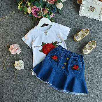 R&Z Bērnu, Meiteņu Drēbes, Uzstādīt 2019 Jauno Vasaras Izšūti Ziedu Baltā T Džinsa Kleita Uzvalks divdaļīga Bērniem, Apģērbs Atbilstu k1