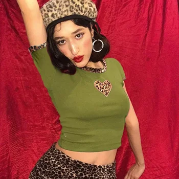 RayRay Sieviešu Harajuku Leopard Sirds Drukāt Izdilis T Krekls Y2k Modes Vasaras Īsām Piedurknēm ONeck Kawaii Gadījuma 90.gadu Top Punk E-Meitene