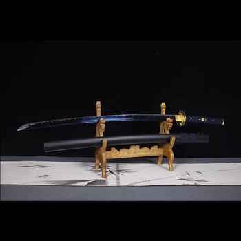 Real steel japāņu katana zobens zilā krāsā asmeni asu malu 1060 augsta oglekļa tērauda, koka apvalku, sagriež pudeles un bambusa