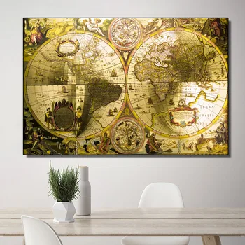 RELIABLI MĀKSLAS Audekls Gleznas Zelta Pasaules Kartē Sienas, Attēlus Dzīvojamā Istaba Studiju Plakāti un Izdrukas Mājās Apdare bez rāmīša