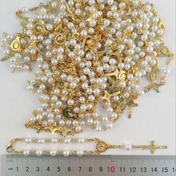 Reliģisko Vintage Lūgšana Sievietēm Kristiešu Biezumu Ķēdes stikla perlamutra Pērles Reliģisko Katoļu Rožukroni Rokassprādze zelta krāsā