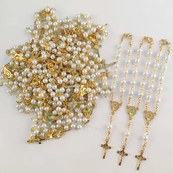 Reliģisko Vintage Lūgšana Sievietēm Kristiešu Biezumu Ķēdes stikla perlamutra Pērles Reliģisko Katoļu Rožukroni Rokassprādze zelta krāsā