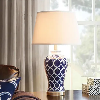 Retro Amerikāņu stilā Zils ar roku apgleznotus radošo galda lampas studiju gultas lampa, Ķīniešu, zilā un baltā krāsā keramikas galda lampas WJ010612