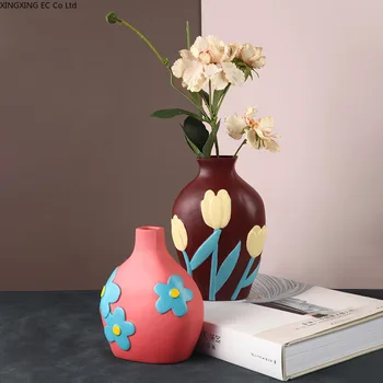 Retro Radošo Krāsotas Ziedi, Keramikas Vāze Apdare, Dzīvojamā Istaba Ziedu Kompozīcijas, Žāvētu Ziedu Rotas Mājas Apdare