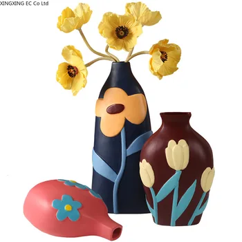 Retro Radošo Krāsotas Ziedi, Keramikas Vāze Apdare, Dzīvojamā Istaba Ziedu Kompozīcijas, Žāvētu Ziedu Rotas Mājas Apdare