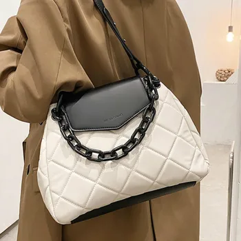Režģu Lielu Ķēdes Tote soma ir 2021. Modes Jaunas Kvalitātes PU Ādas Sieviešu Dizainers Rokassomu Augstas ietilpības Plecu Messenger Bag